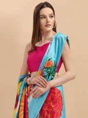 Blue & Yellow Floral Digital Print Silk Blend Saree - Inddus.com
