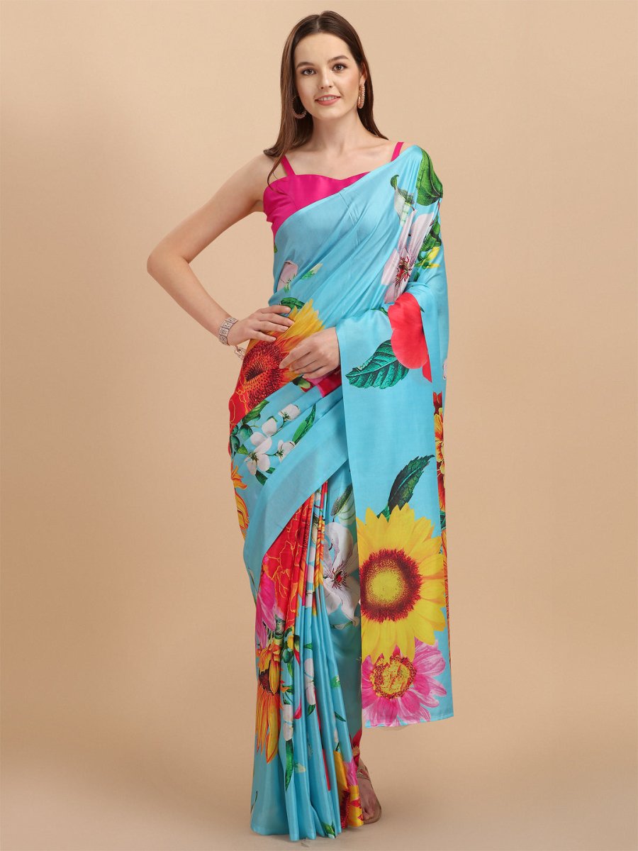 Blue & Yellow Floral Digital Print Silk Blend Saree - Inddus.com