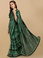 Bottle Green & Black Printed Tie & Dye Ruffle Saree - Inddus.com