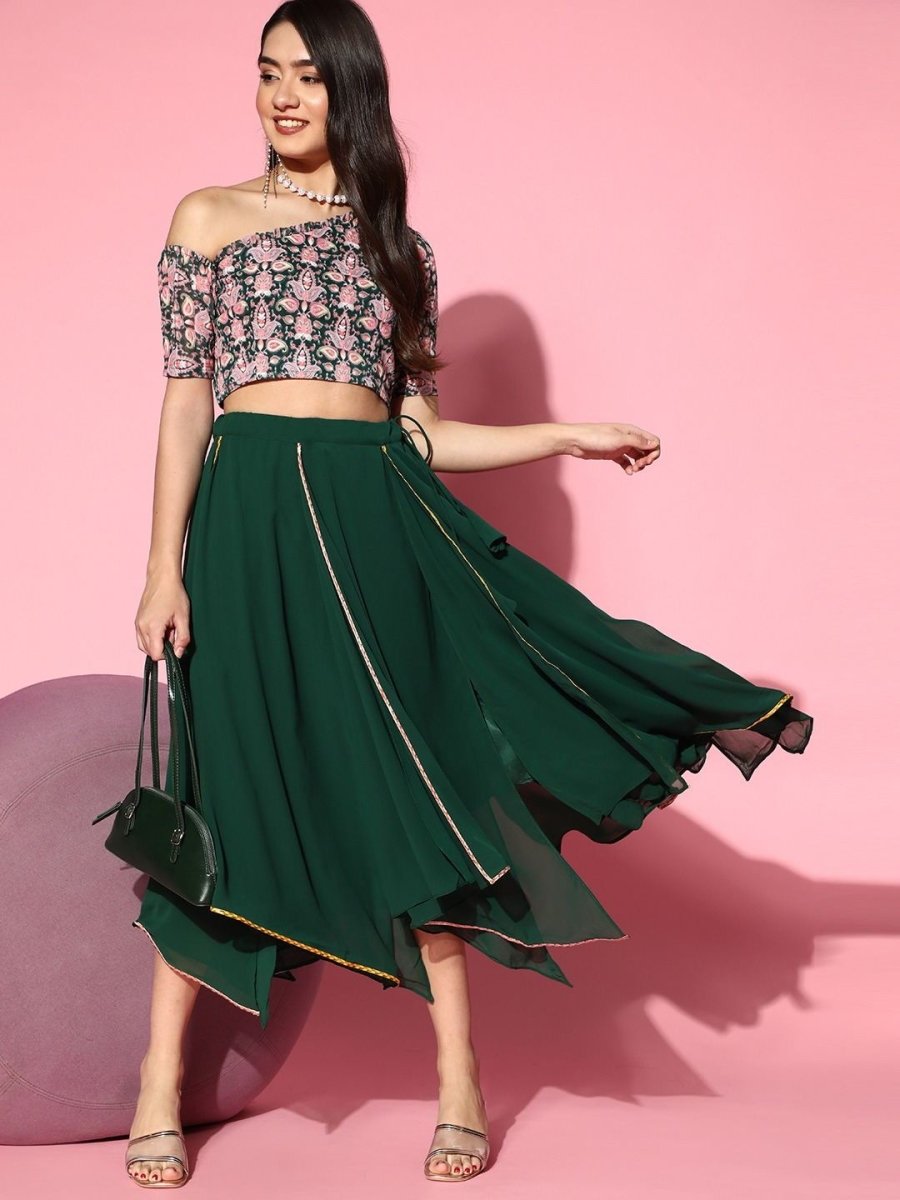 Bottle Green Embroidered Top with Solid Layered Skirt - Inddus.com