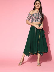 Bottle Green Embroidered Top with Solid Layered Skirt - Inddus.com