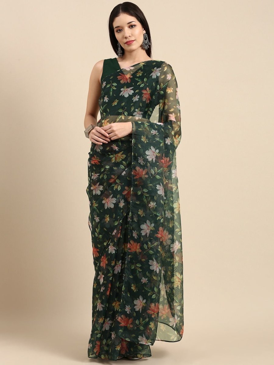 Bottle Green Floral Digital Print Organza Saree - Inddus.com