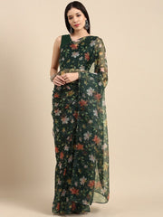 Bottle Green Floral Digital Print Organza Saree - Inddus.com