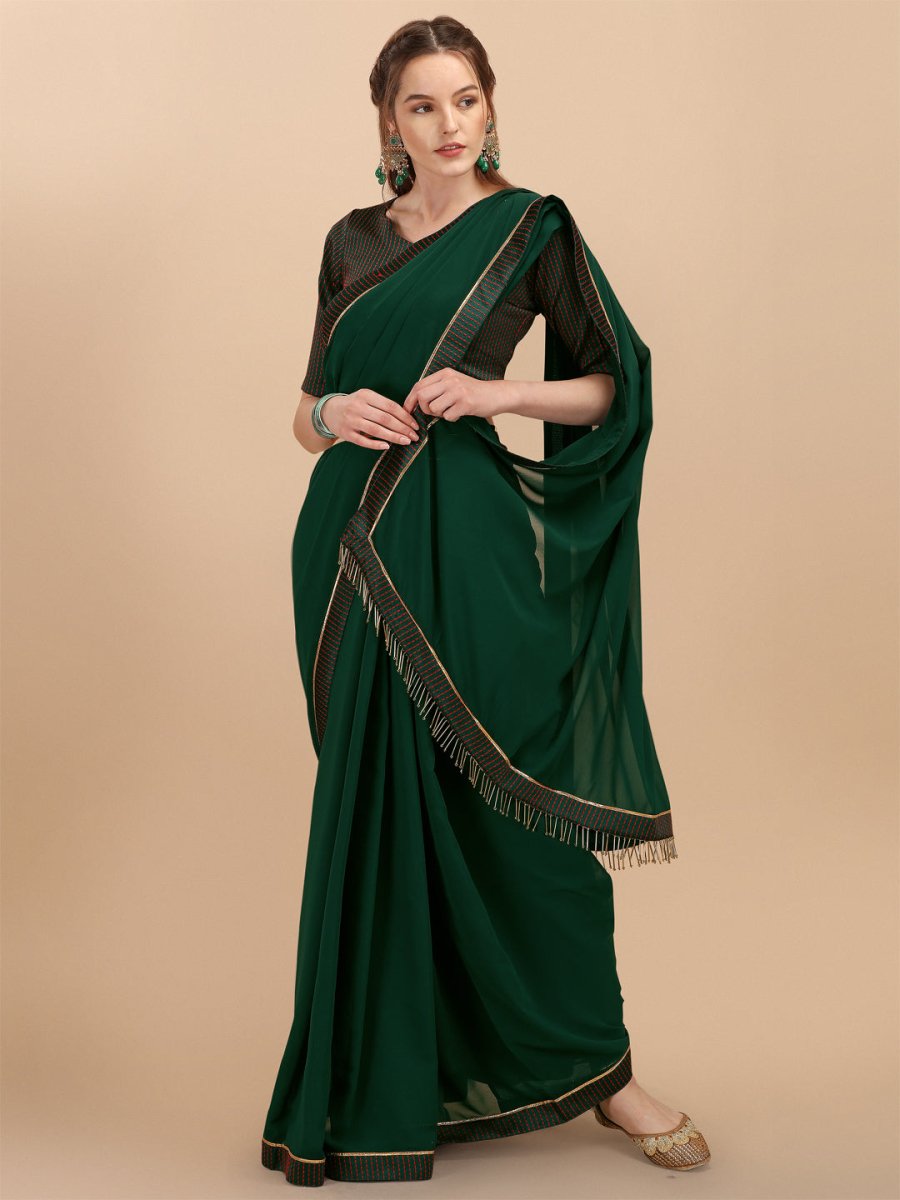 Bottle Green & Gold-Toned Solid Woven Design Saree - Inddus.com
