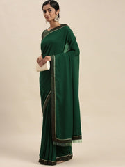 Bottle Green Lace Bordered Saree - Inddus.com