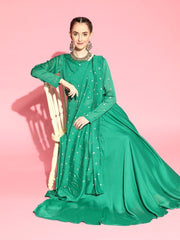 Bottle Green Lehenga Sequinned Ruffled Saree with Embroidered Blouse Piece - inddus-us