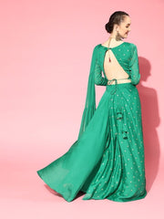 Bottle Green Lehenga Sequinned Ruffled Saree with Embroidered Blouse Piece - inddus-us