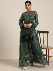 Bottle Green Lurex Printed Maxi Dress - Inddus.com