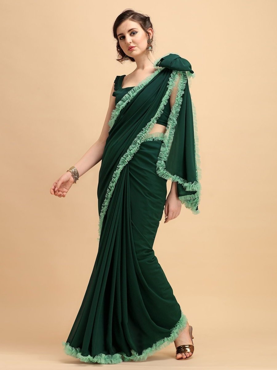 Bottle Green Ruffled Border Saree - inddus-us