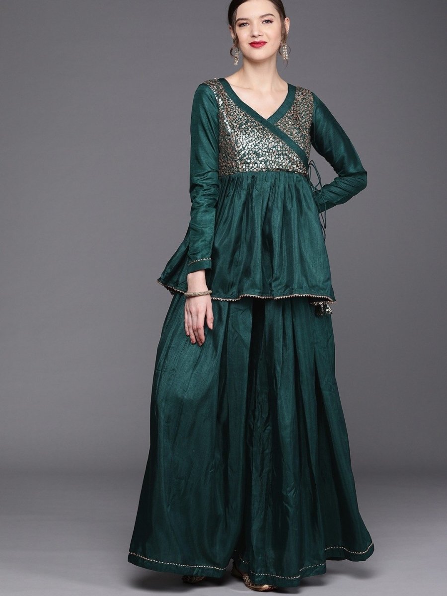 Bottle Green Sequinned Peplum Kurta with Sharara - Inddus.com