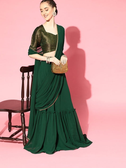 Bottle Green Stitched Teired Lehenga Saree with Brocade Blouse Piece - inddus-us