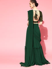Bottle Green Stitched Teired Lehenga Saree with Brocade Blouse Piece - inddus-us