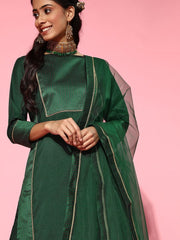 Bottle Green Woven Kurta with Pants and Dupatta - Inddus.com