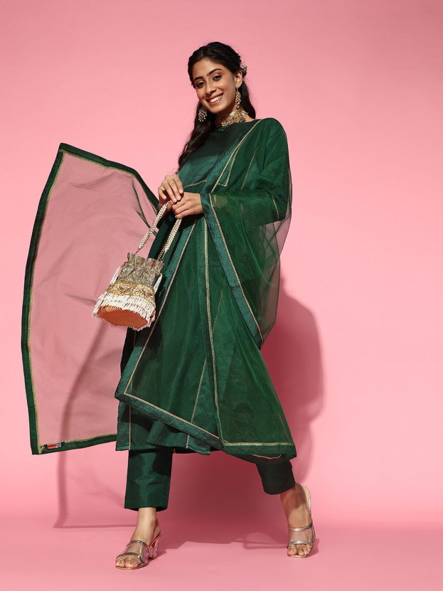Bottle Green Woven Kurta with Pants and Dupatta - Inddus.com