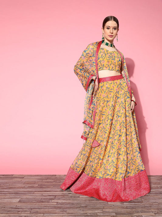 Bright Mustard Printed Semi-stitched Lehenga Choli With Dupatta - Inddus.com