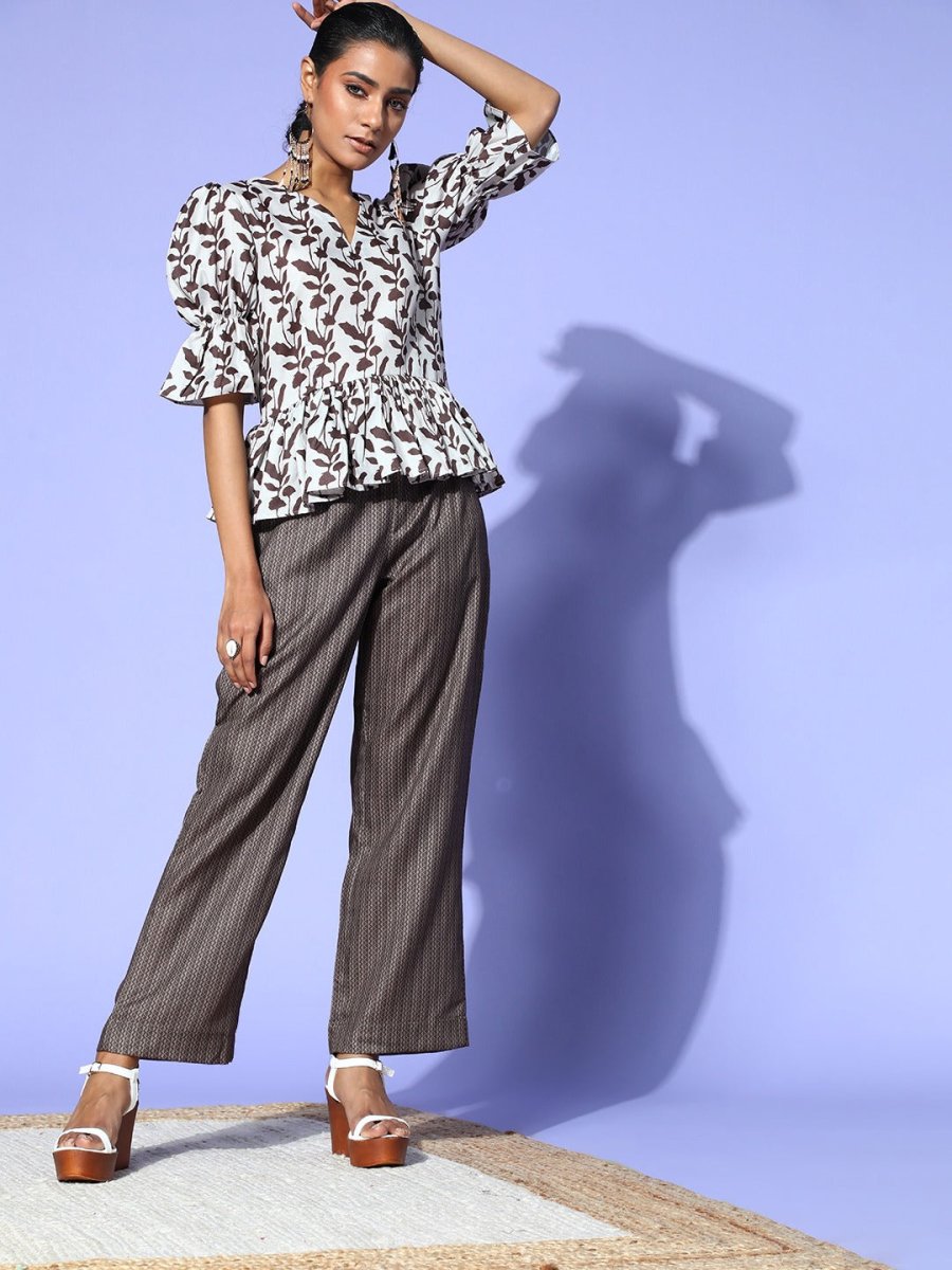 Brown and Ivory Cotton Blend Printed Co-Ords - Inddus.com
