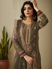 Brown Embroidered Festive-Wear Straight-Cut-Suit - Inddus.com