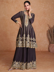 Brown Embroidered Partywear Palazzo Suit - Inddus.com