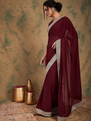 Brown Embroidered Sequinned Saree - Inddus.com