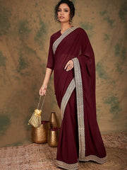 Brown Embroidered Sequinned Saree - Inddus.com
