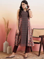 Brown Ethnic Motifs Printed Panelled Kurta with Trousers - Inddus.com