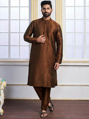 Brown Ethnic Motifs Woven Design Mandarin Collar Regular Kurta With Pyjamas - Inddus.com