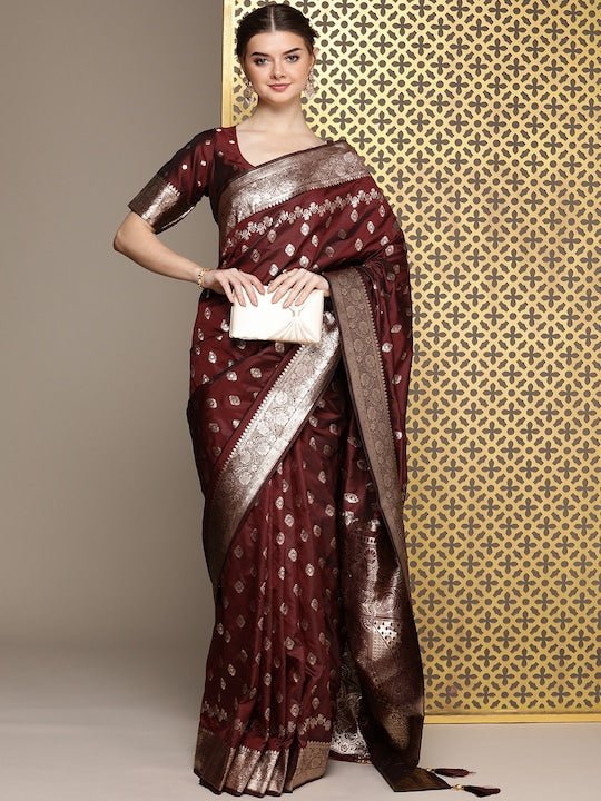Brown Ethnic Motifs Woven Design Zari Pure Silk Saree - Inddus.com