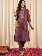 Brown Floral Embroidered Regular Kurta with Trousers - Inddus.com