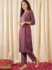 Brown Floral Embroidered Regular Kurta with Trousers - Inddus.com