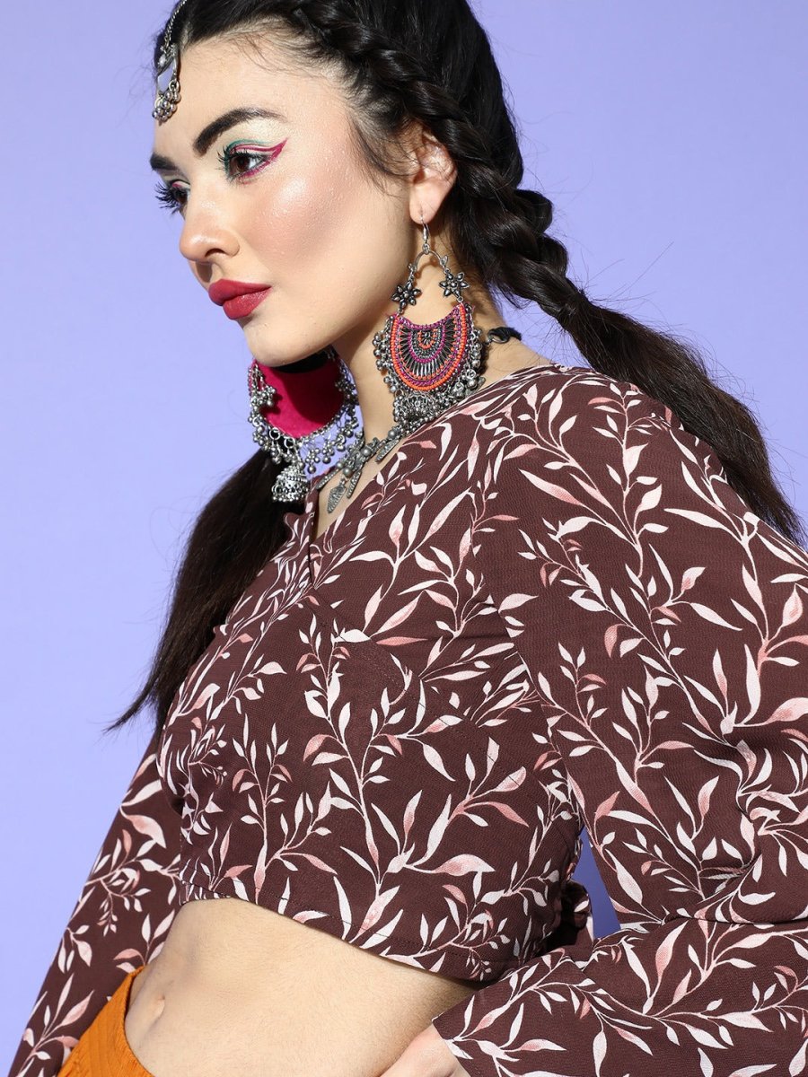 Brown Polyester Printed Crop Top - Inddus.com
