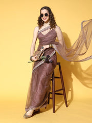 Brown Saree with Embroidered border - Inddus.com