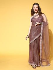 Brown Saree with Embroidered border - Inddus.com