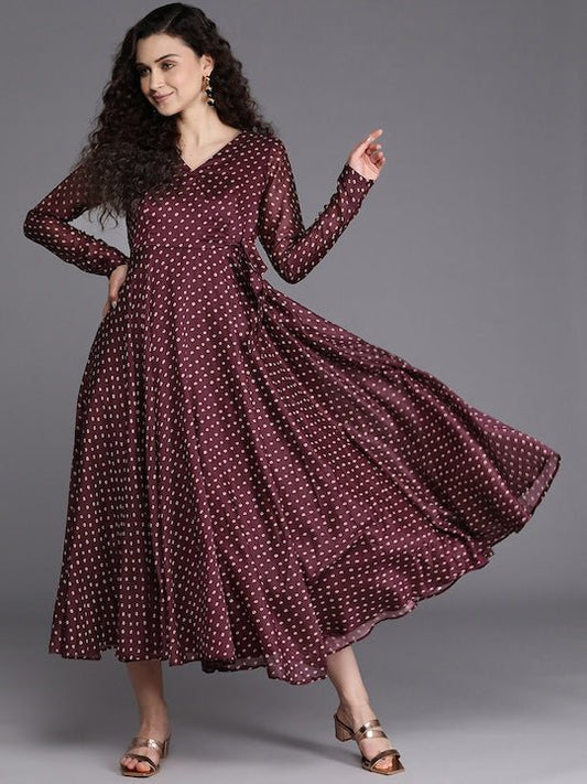 Burgundy & Beige Bandhani Printed Chanderi Cotton Wrap Midi Dress - Inddus.com