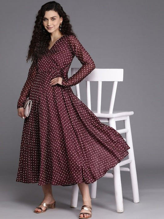 Burgundy & Beige Bandhani Printed Chanderi Cotton Wrap Midi Dress - Inddus.com