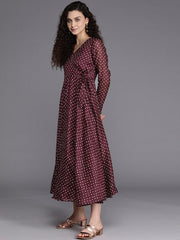 Burgundy & Beige Bandhani Printed Chanderi Cotton Wrap Midi Dress - Inddus.com