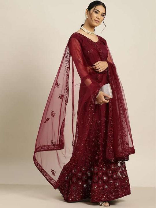 Blue & Green Foil Printed Tissue Hand Embroidered Lehenga Choli With Embroidered Dupatta