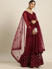 Burgundy Embroidered Beads and Stones Semi-Stitched Lehenga & Unstitched Blouse With Dupatta - Inddus.com