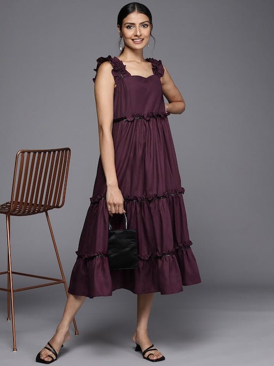 Burgundy Ethnic A-Line Midi Dress - Inddus.com