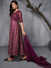 Burgundy Ethnic Motifs Printed Sequined A-Line Kurta With Trousers & Dupatta - Inddus.com