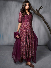Burgundy Ethnic Motifs Printed Sequined A-Line Kurta With Trousers & Dupatta - Inddus.com
