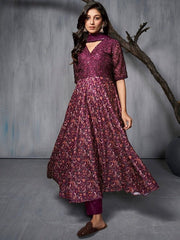 Burgundy Ethnic Motifs Printed Sequined A-Line Kurta With Trousers & Dupatta - Inddus.com