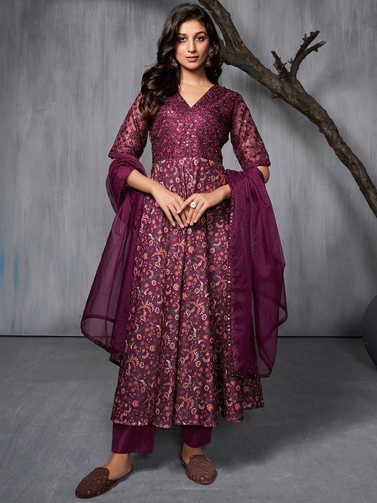 Burgundy Ethnic Motifs Printed Sequined A-Line Kurta With Trousers & Dupatta - Inddus.com