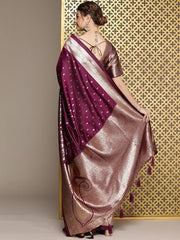 Burgundy Ethnic Motifs Woven Design Zari Pure Silk Saree - Inddus.com
