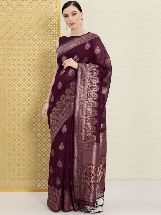 Burgundy Ethnic Motifs Zari Saree - Inddus.com