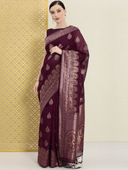 Burgundy Ethnic Motifs Zari Saree - Inddus.com
