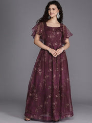 Burgundy Floral Maxi Dress - Inddus.com