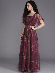 Burgundy Floral Maxi Dress - Inddus.com