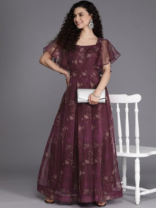 Burgundy Floral Maxi Dress - Inddus.com