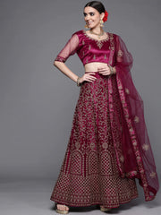 Burgundy & Gold-Toned Embroidered Semi-Stitched Lehenga & Unstitched Blouse With Dupatta - Inddus.com