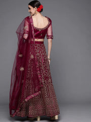 Burgundy & Gold-Toned Embroidered Semi-Stitched Lehenga & Unstitched Blouse With Dupatta - Inddus.com